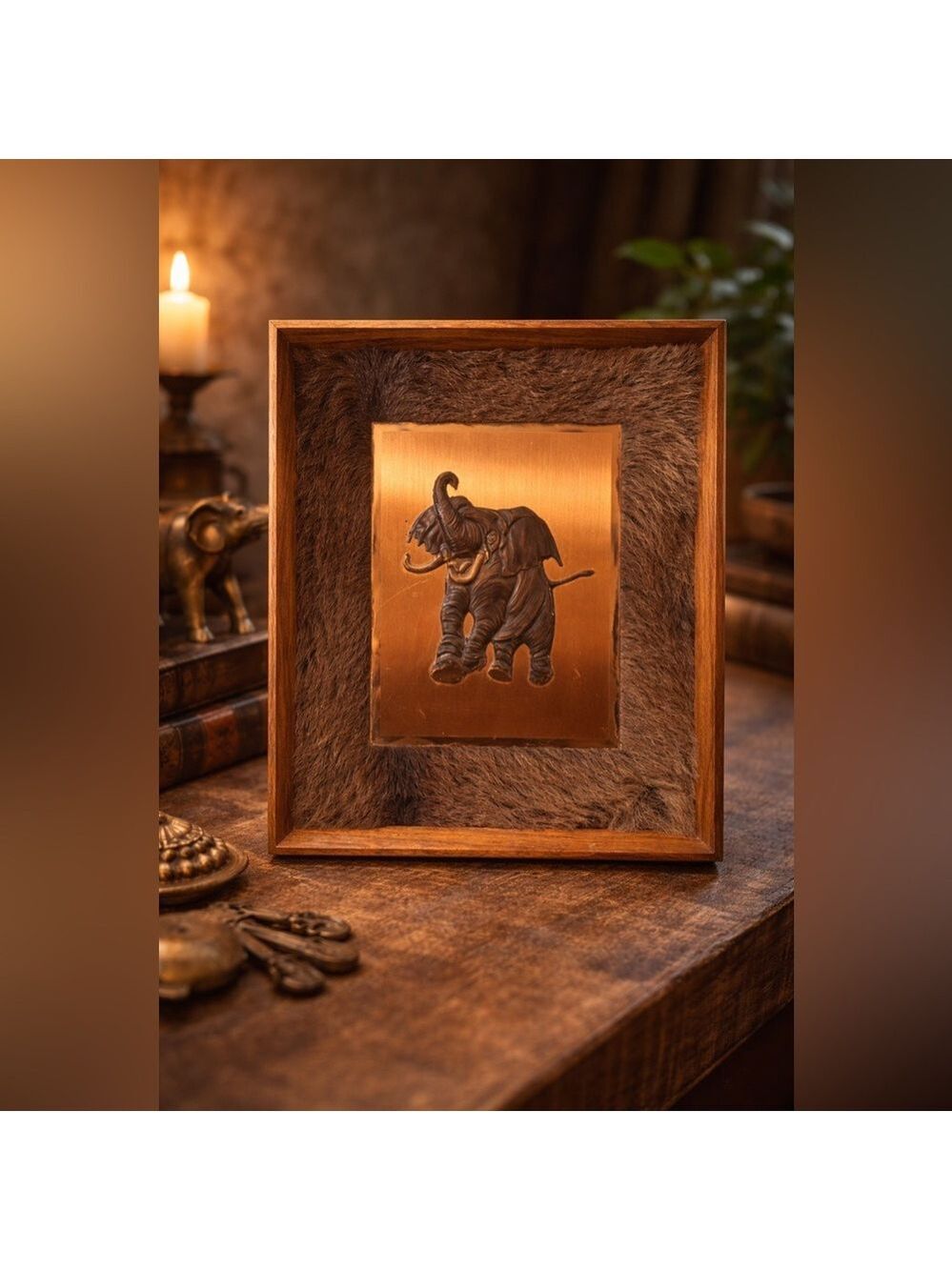 Vintage Embossed Copper Elephant Wall Art • Framed Plaque African Inspired Decor